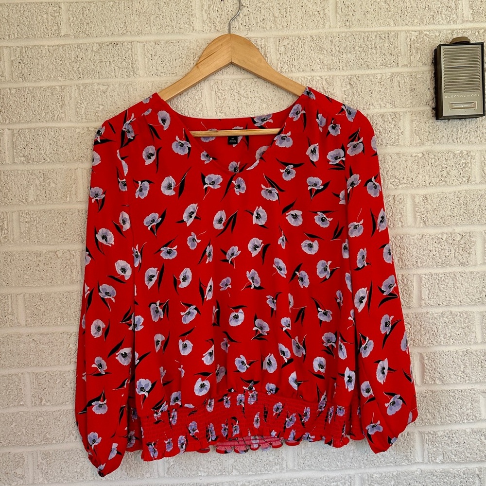 Ann Taylor Red Floral V Neck Balloon Blouse | Women’s MP